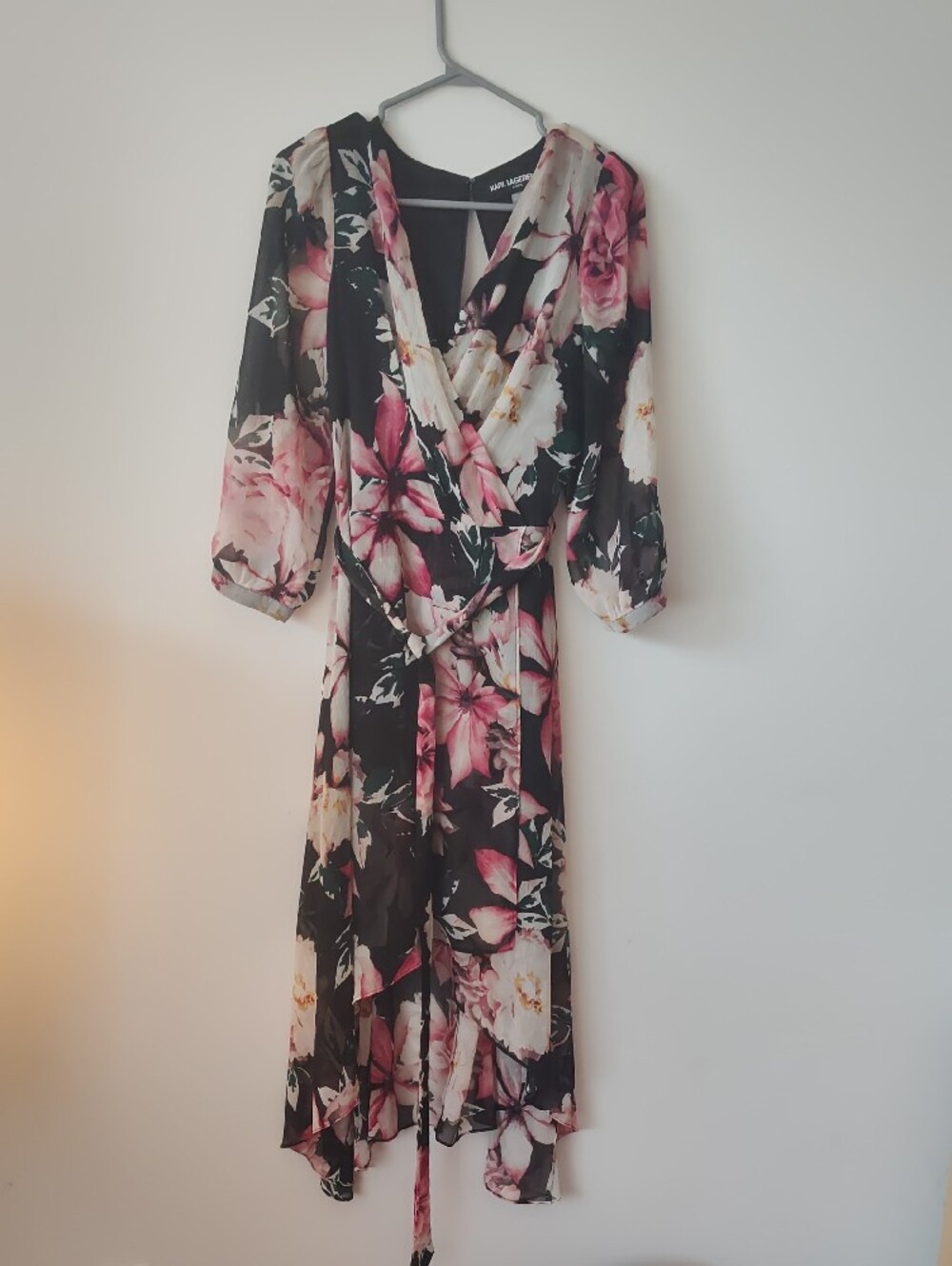 Karl Lagerfeld Black Floral Asymmetrical Wrap Dress with Pink and Cream Blooms